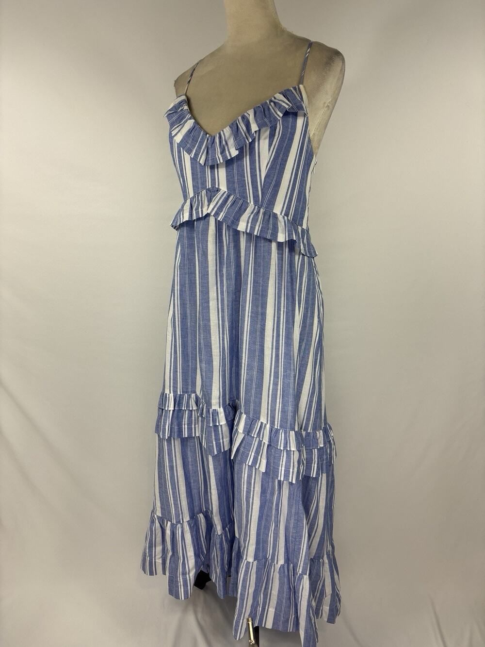5 a 7 Cinq a Sept Addy Maxi Dress Blue White Stripe 14 Ruffled Halter Neck